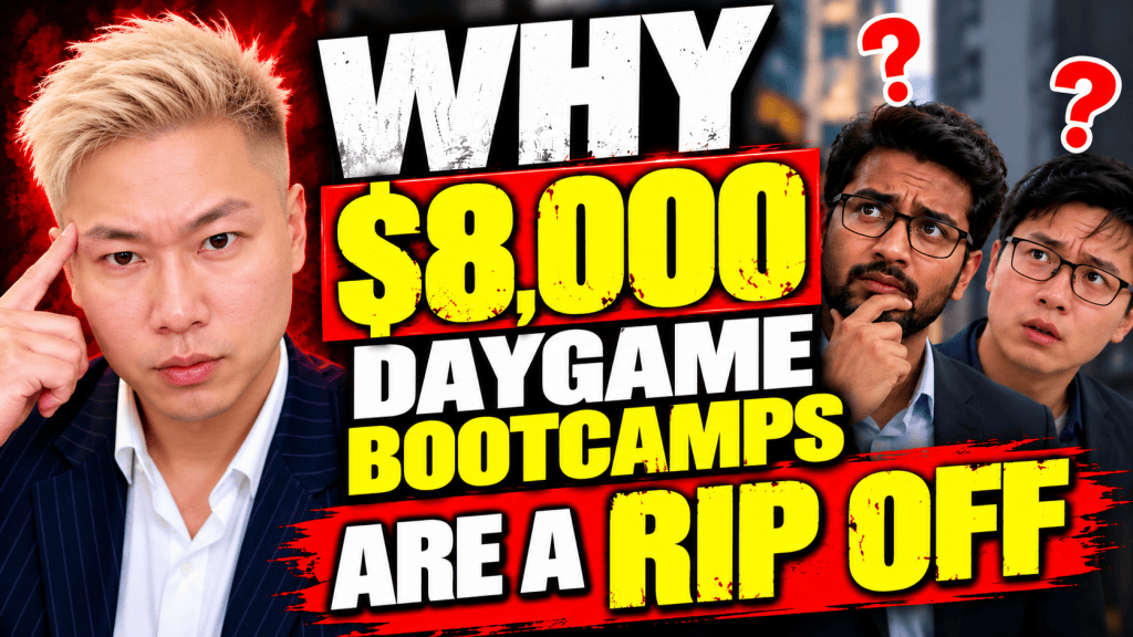 A man with blonde hair and a serious expression gestures thoughtfully, while two other men in business attire look confused, against a bold, colorful background with text questioning the value of $8,000 daygame bootcamps.